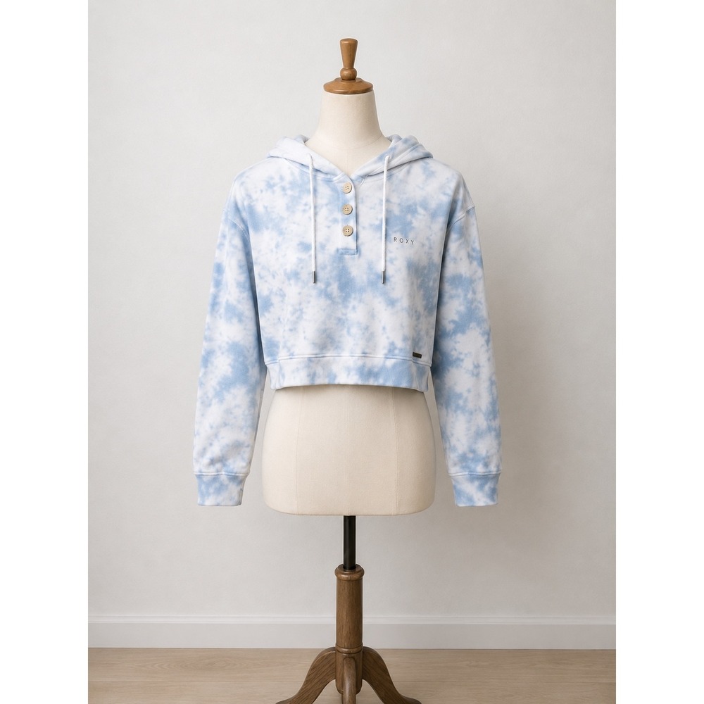 ROXY Women's Blue Tie Dye Cropped Hoodie Small Soft Cozy Pullover Sweatshirt